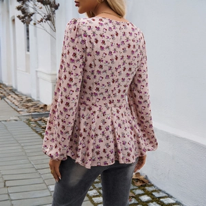 Elegant pink floral puff sleeve blouse with ruffled hem and slim waist for women