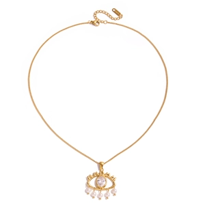 Vintage gold stainless steel necklace with evil eye pendant and white pearl drops