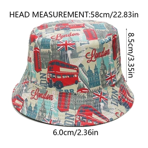 Detailed size specifications for the London-themed bucket hat with vintage city prints