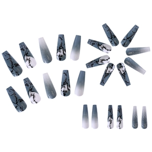 Blue-grey gradient press-on nails set with black marble pattern and glitter finish