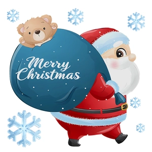 Detail of Santa Claus carrying a blue gift bag with a teddy bear and snowflakes