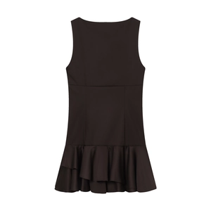 Chic black sleeveless mini dress with stylish tiered ruffled hemline for casual vacation