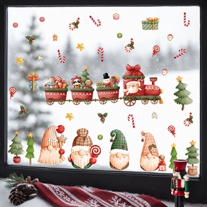 Christmas gnome train window decals with watercolor Santa and pine tree decorations