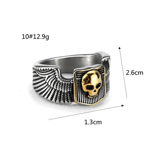 Retro stainless steel skull ring with golden shield and wings including dimensions