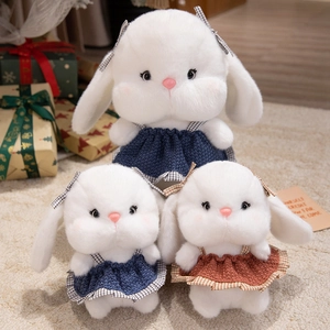 Plush white bunny in checkered dress, festive soft toy available in various sizes