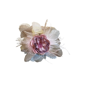 Elegant floral hair claw clip with silk fabric petals and delicate feather accents