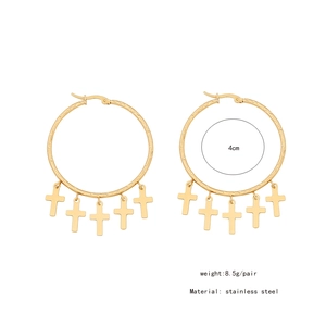Detailed view of 4cm gold stainless steel hoop earrings with cross dangles and dimensions