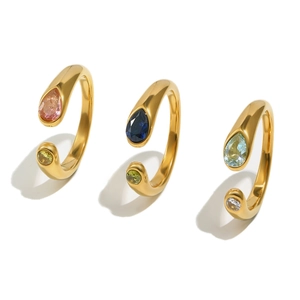 Minimalist 18K gold plated stainless steel snake head rings with colorful zircon stones