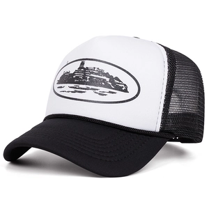 Classic black and white trucker hat with island print and breathable mesh back