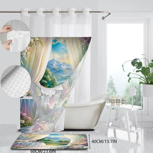 Detail view of floral landscape print shower curtain with matching anti-slip bath mat set