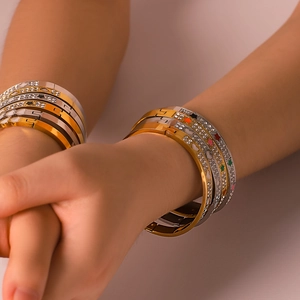 Hip hop 18K gold plated stainless steel bangles with colorful enamel stars and hearts