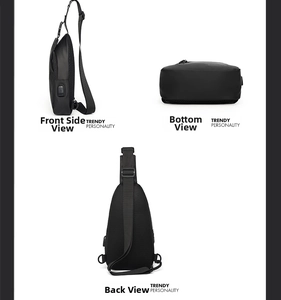 Detail of black chest bag showing USB charging port and breathable mesh back padding