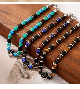 Détails de quatre bracelets en perles pour hommes avec pendentifs ancre en acier inox
