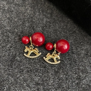 Boucles D'oreilles Cheval À Bascule Künstliche Perle D'imitation Rouge Alliage Strass Avec Tige En Argent Bijoux Vintage Pour Femmes
