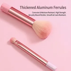 Portable peach pink makeup brush set with soft bristles and rose gold aluminum tubes