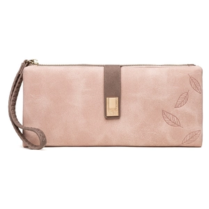 Long vintage matte leather wallet for women with leaf buckle and wrist strap