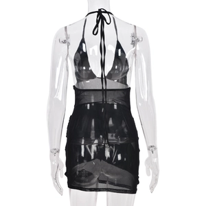Detailed back view of a black sheer mesh bodycon dress with halter neck and lace texture