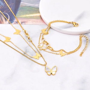Double-layer butterfly necklace and bracelet set in 18k gold plated stainless steel