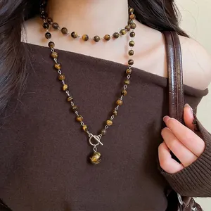 Collana Di Perline In Pietra Occhio Di Tigre Retrò Con Chiusura A Gancio In Lega Dorata E Ciondolo A Sfera Tonda Gioielli In Stile Etnico Per Donna