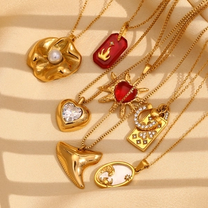 Vintage 18K Gold Plated Stainless Steel Pendant Necklace Women Elegant Zodiac Agate Shell Artificial Pearl Zircon Acrylic Jewelry