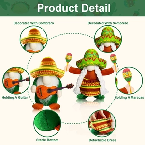 Detail showing Mexican gnome toys with sombrero, guitar, maracas, and detachable dress
