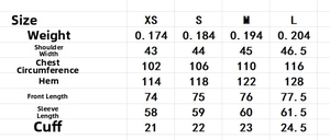 Detailed size chart for long sleeve top including shoulder, bust, and sleeve measurements