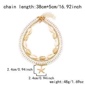 Detail view of multi-layer shell necklace with length 38+5cm and 48g weight specs