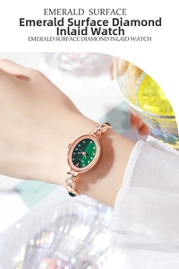 Close-up of emerald green oval dial watch with rose gold diamond-set bracelet strap