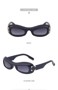 Detailed views of black oval sunglasses with double gray lenses and quilted temple texture