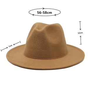 Brown wool fedora hat sizing detail showing 56-58cm circumference and 7cm wide brim