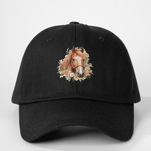 Black baseball cap with colorful horse head and floral print, adjustable outdoor sun hat