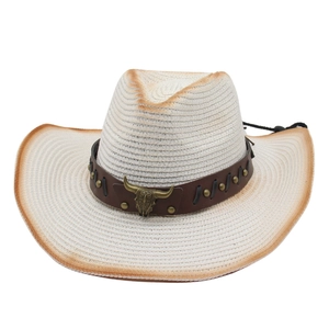 White woven western cowboy hat with vintage bull head leather band and chin strap