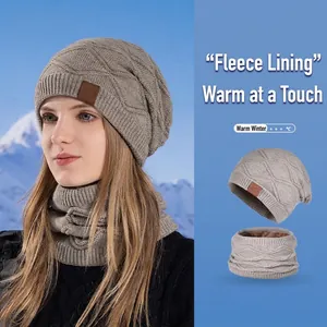 Winter thermal knit hat and neck warmer set with fleece lining and diamond pattern