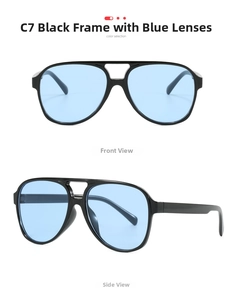 Detail view of aviator sunglasses with black frame and light blue ocean lenses in C7 style