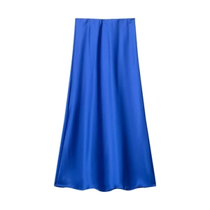 Detailed view of royal blue satin midi skirt with smooth glossy texture and elegant drape