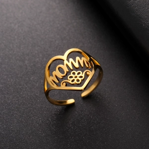 Gold stainless steel open heart ring featuring MOM design and floral detail for mothers