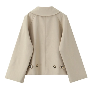 Detailed back view of khaki short trench coat featuring raglan sleeves and hem button tabs