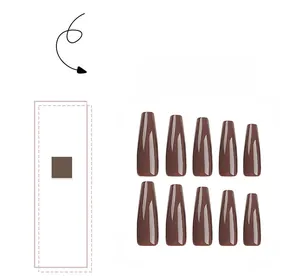 Detailed view of glossy long ballerina press-on nails in deep coffee brown color