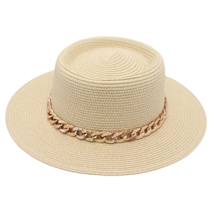 French Hepburn Style Dome Straw Hat For Women With Gold Acrylic Chain Sun Protection Breathable Beach Vacation Fedora Hat
