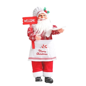 Christmas Chef Santa Claus figurine with welcome sign and plaid details on white background