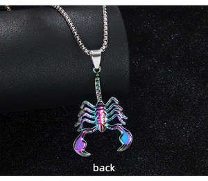 Macro shot of the iridescent rainbow finish on the back of a scorpion pendant necklace