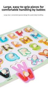 Macro detail of wooden alphabet peg puzzle with chunky knobs and animal illustrations