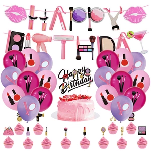 Makeup Theme Birthday Party Banner Cake Toppers And Latex Balloons Lipstick Lips Beauty Cosmetics Paper Party Supplies