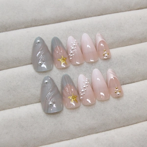 Long almond mermaid ocean press-on nails with shells, 3D stars, and pearls set