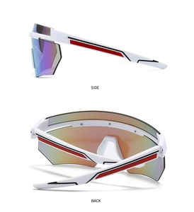 Side and back view of white oversized shield sunglasses with colored reflective lenses