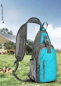 Detail view of water-resistant outdoor chest bag showing earphone jack and grey-blue fabric