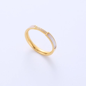 Elegant rose gold titanium steel ring with white shell inlay and sparkling rhinestones
