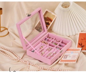 Pink velvet jewelry box with clear window and multi-slot interior for rings and earrings