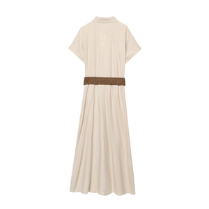 Women Short Sleeve Linen Blend Shirt Dress Belted Lapel Collar Button Down Slim Fit Solid Color Elegant Maxi Dress