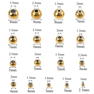 Size chart showing various diameters and hole sizes of golden stainless steel beads